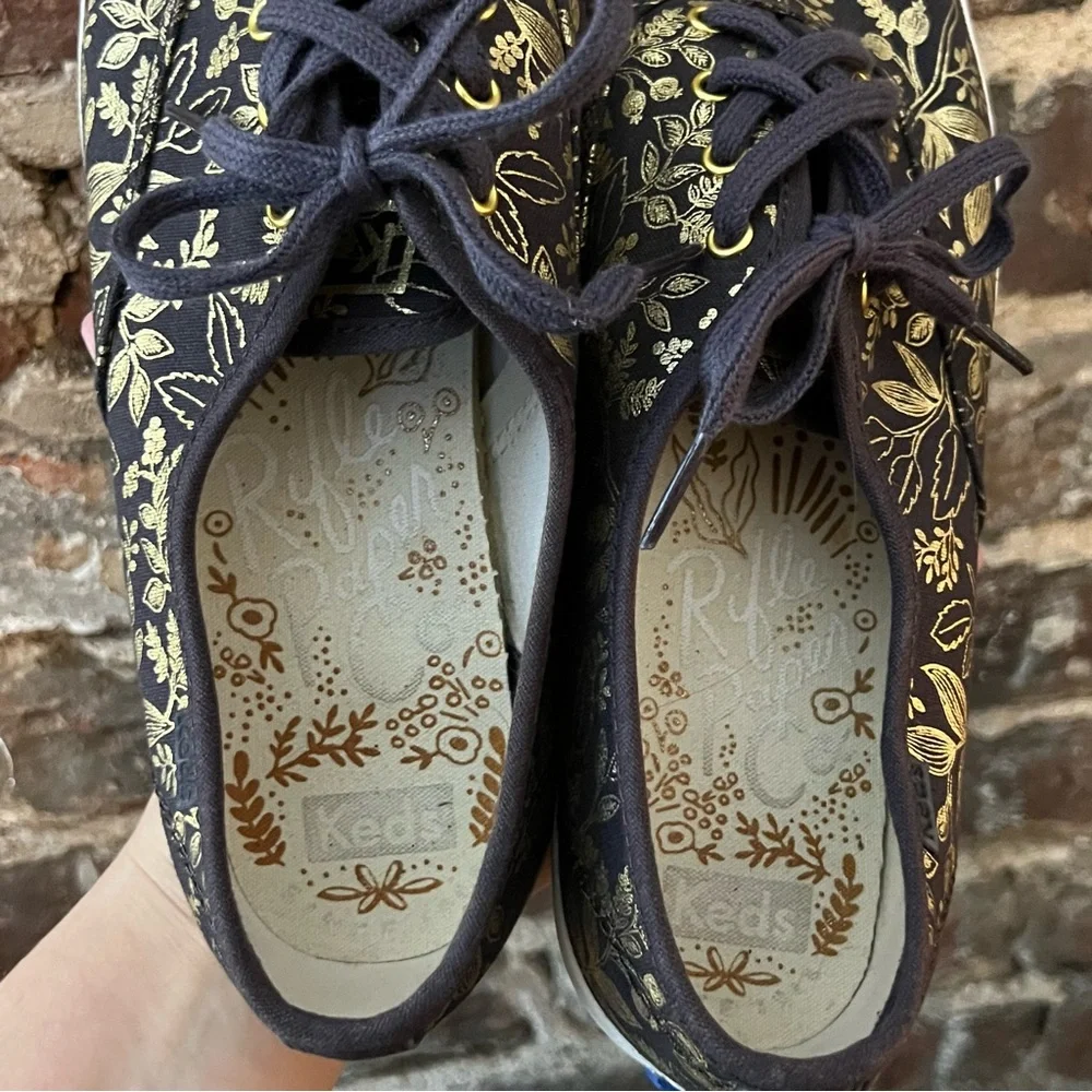Keds X Rifle Paper Co. Black with Metallic Gold Floral Print shoes - Picture 2 of 7